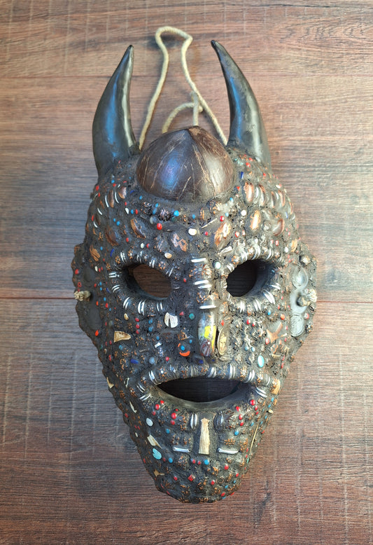 Vintage Nepalese wrathful spirit mask with seeds, shells and horns #2