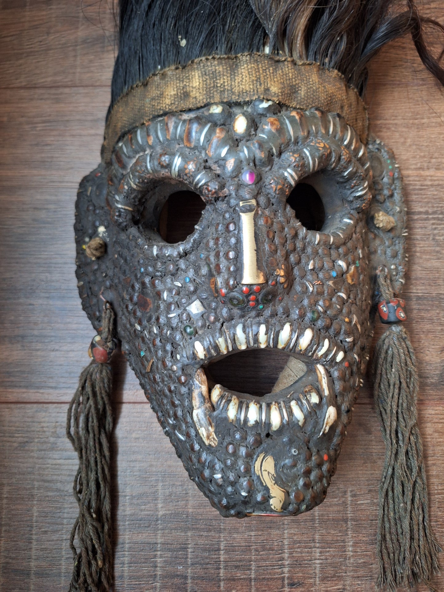 Vintage Nepalese wrathful spirit mask with seeds, shells and horns #3
