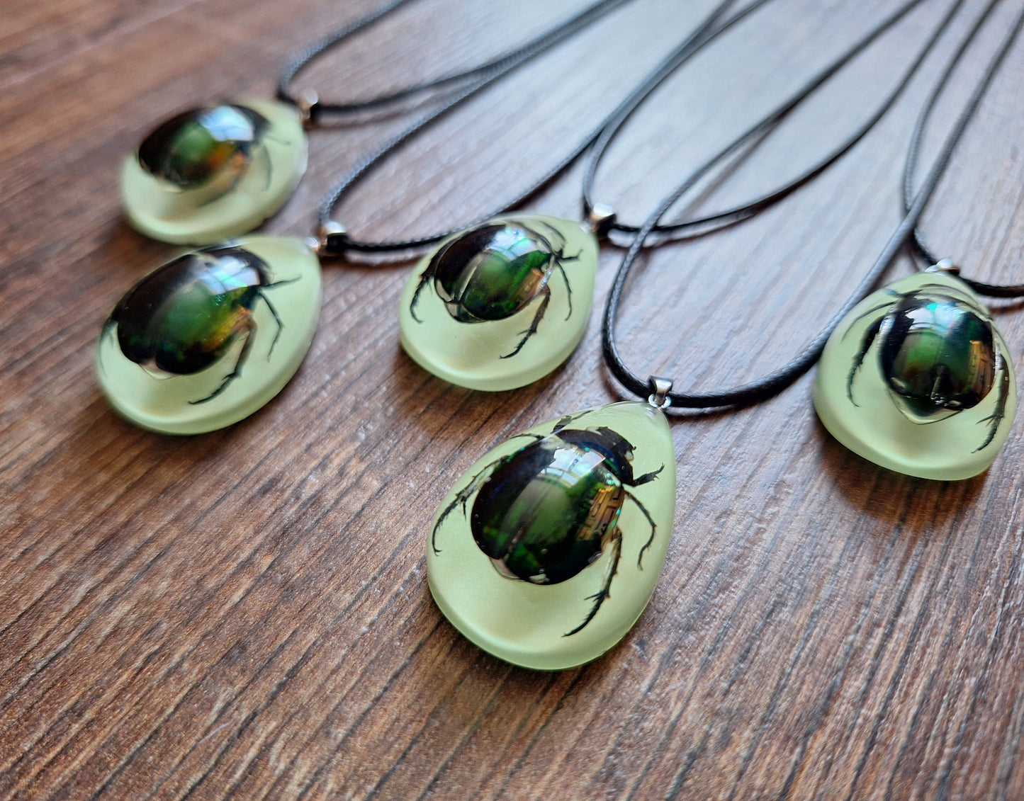Beetle in glow-in-the-dark resin necklace