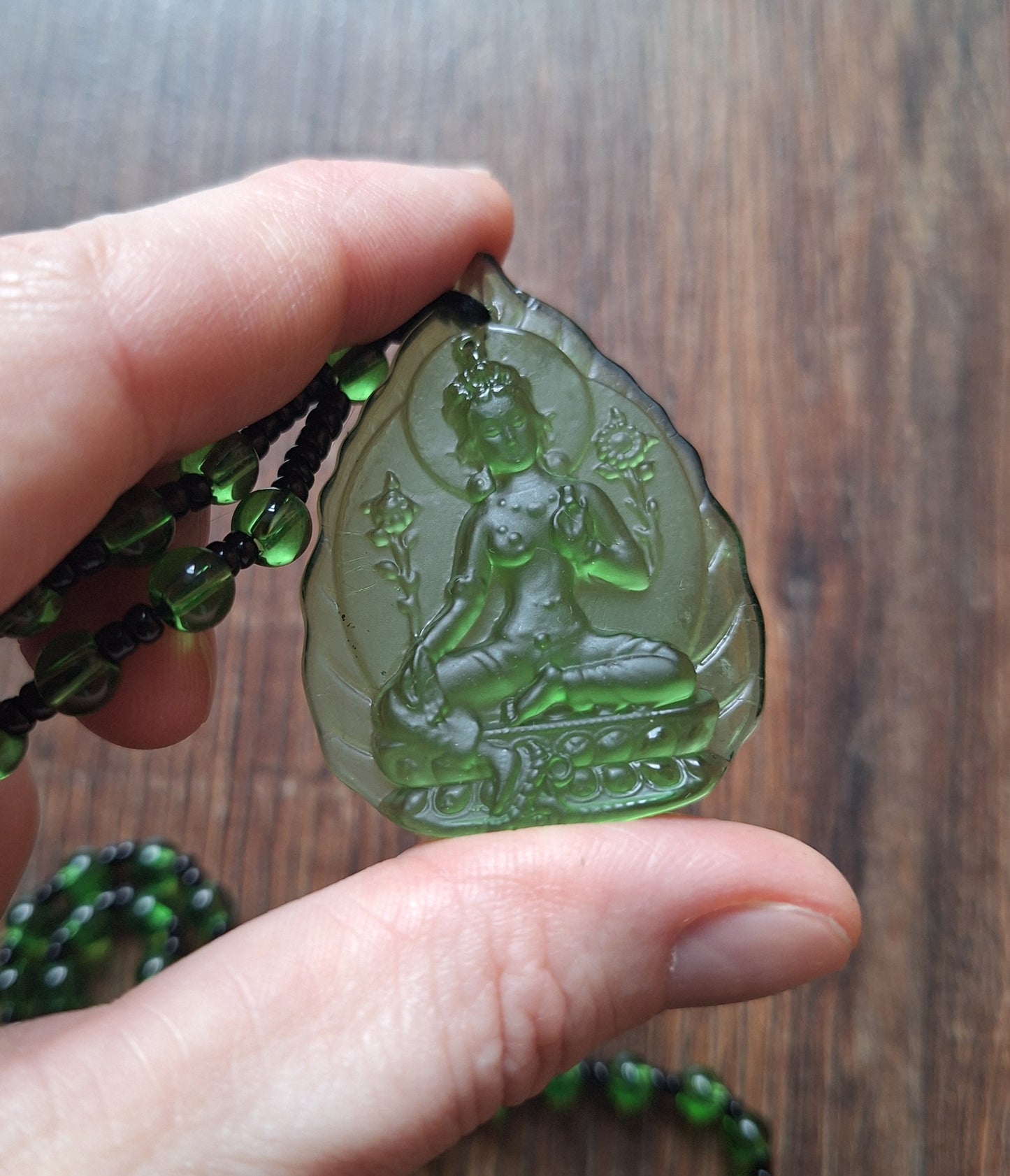 Green glass necklace with Green Tara pendant