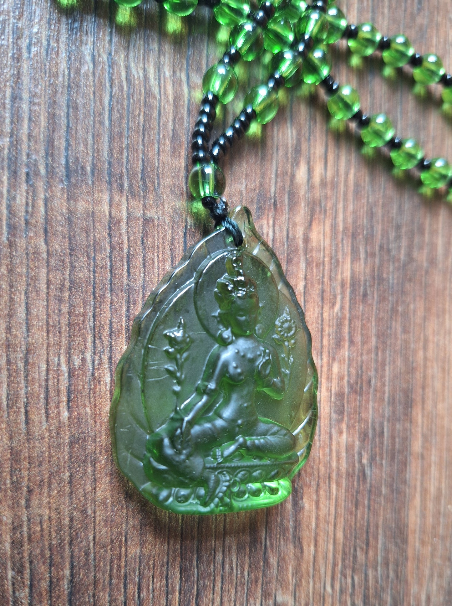 Green glass necklace with Green Tara pendant