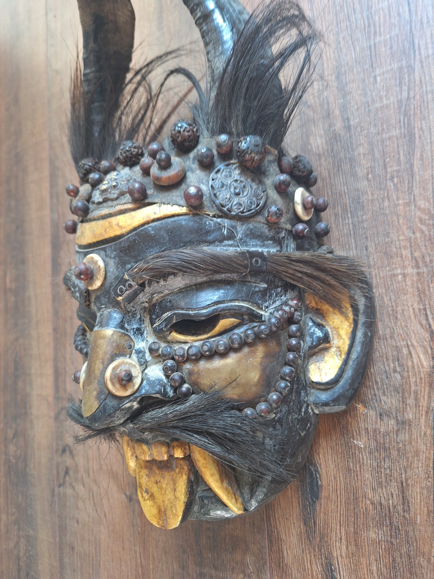 Vintage wooden wrathful spirit mask with beads, metal plating and yak hair #3