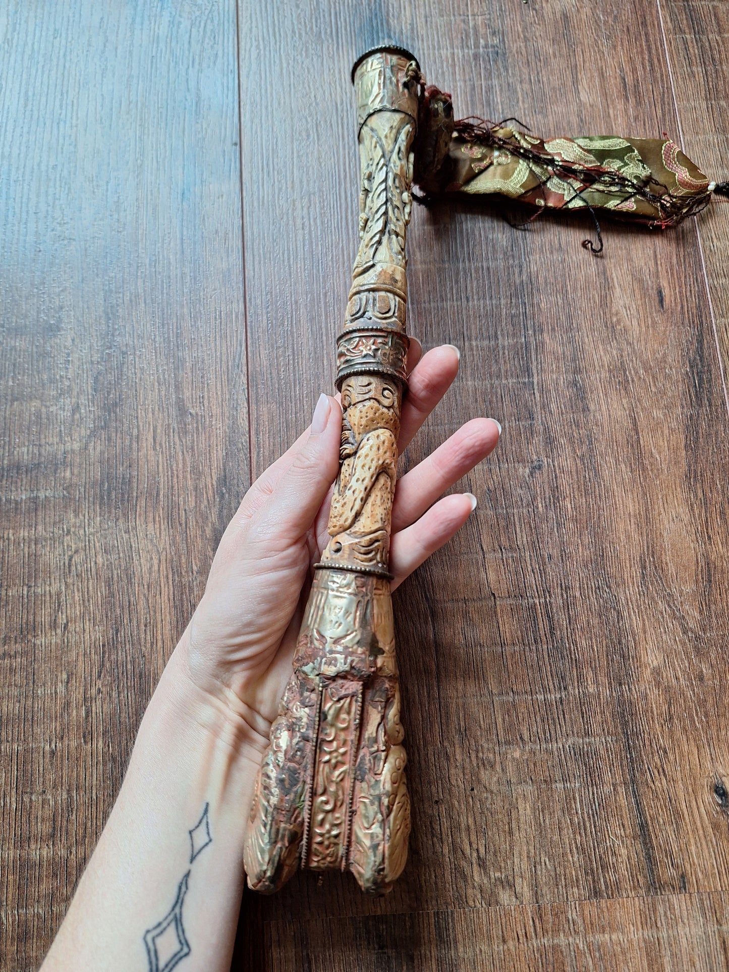 Vintage Tibetan Buddhist carved yak bone kangling