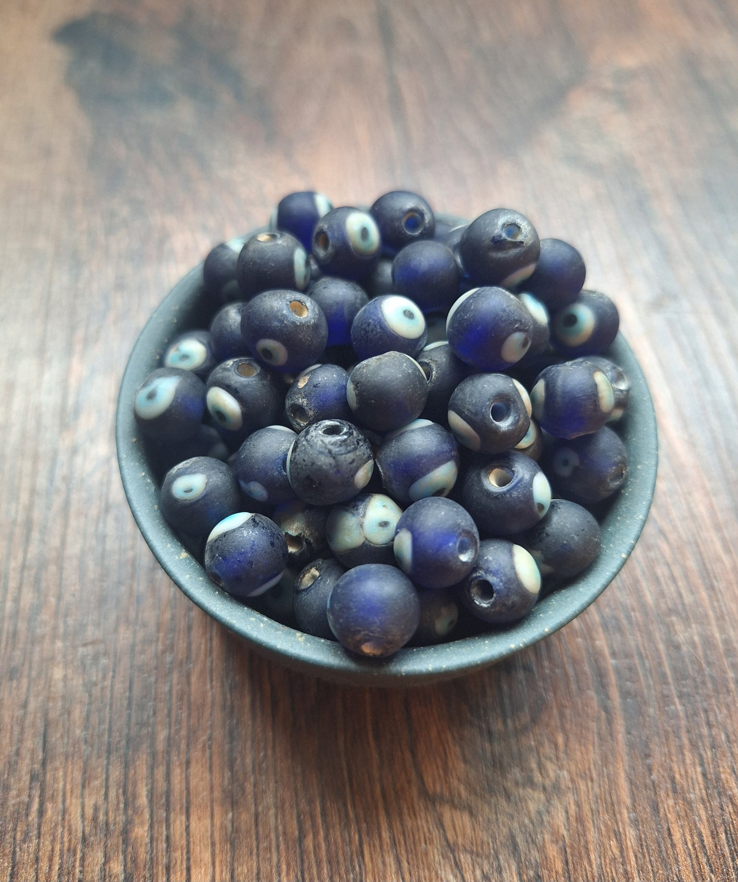 Vintage glass beads Eye, dark blue, set of 10