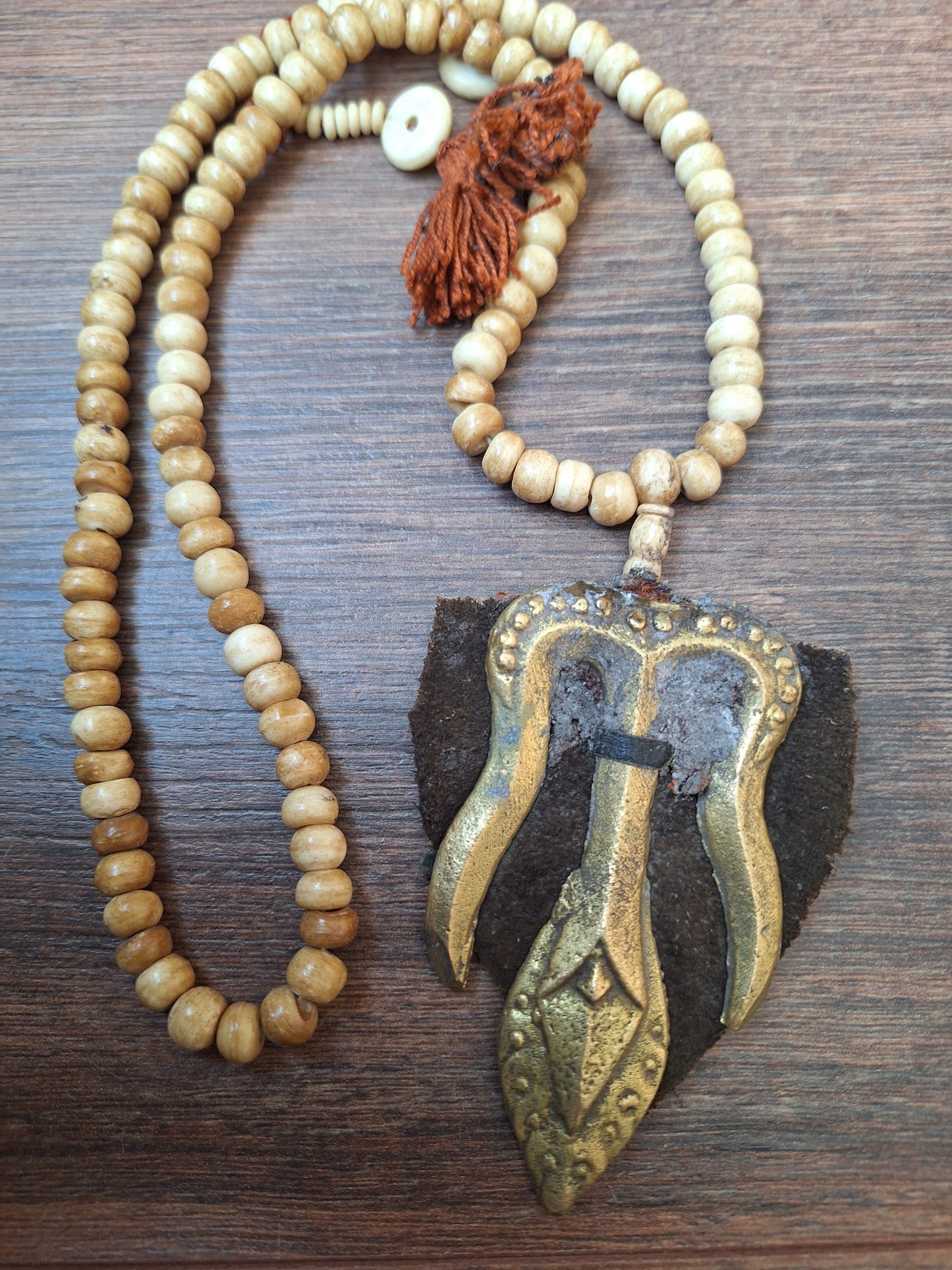 Vintage Tibetan yak bone mala with trident pendant