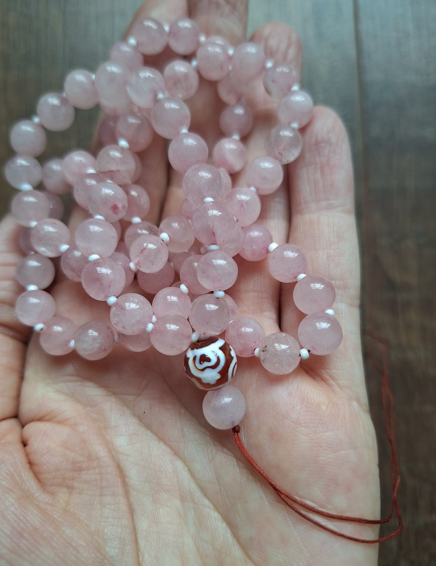 Amulet cord Rose Quartz and Nectar Vessel dzi bead