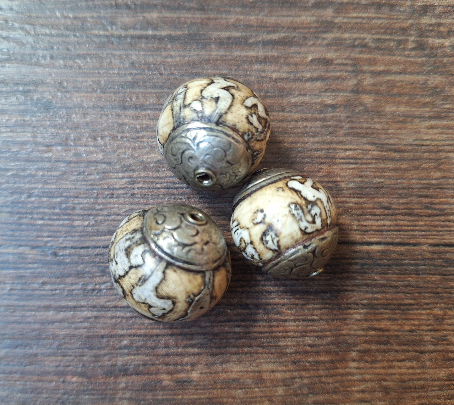 Vintage Tibetan conch shell mantra beads, set of 3
