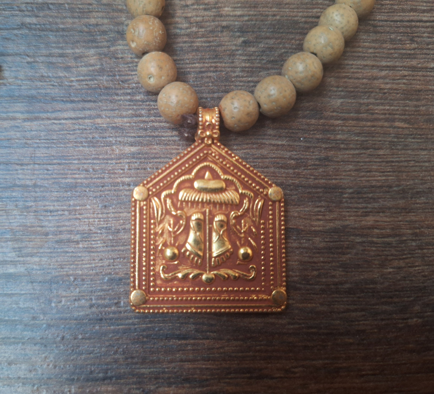 Vintage bodhi seed mala with Feet of the Buddha pendant