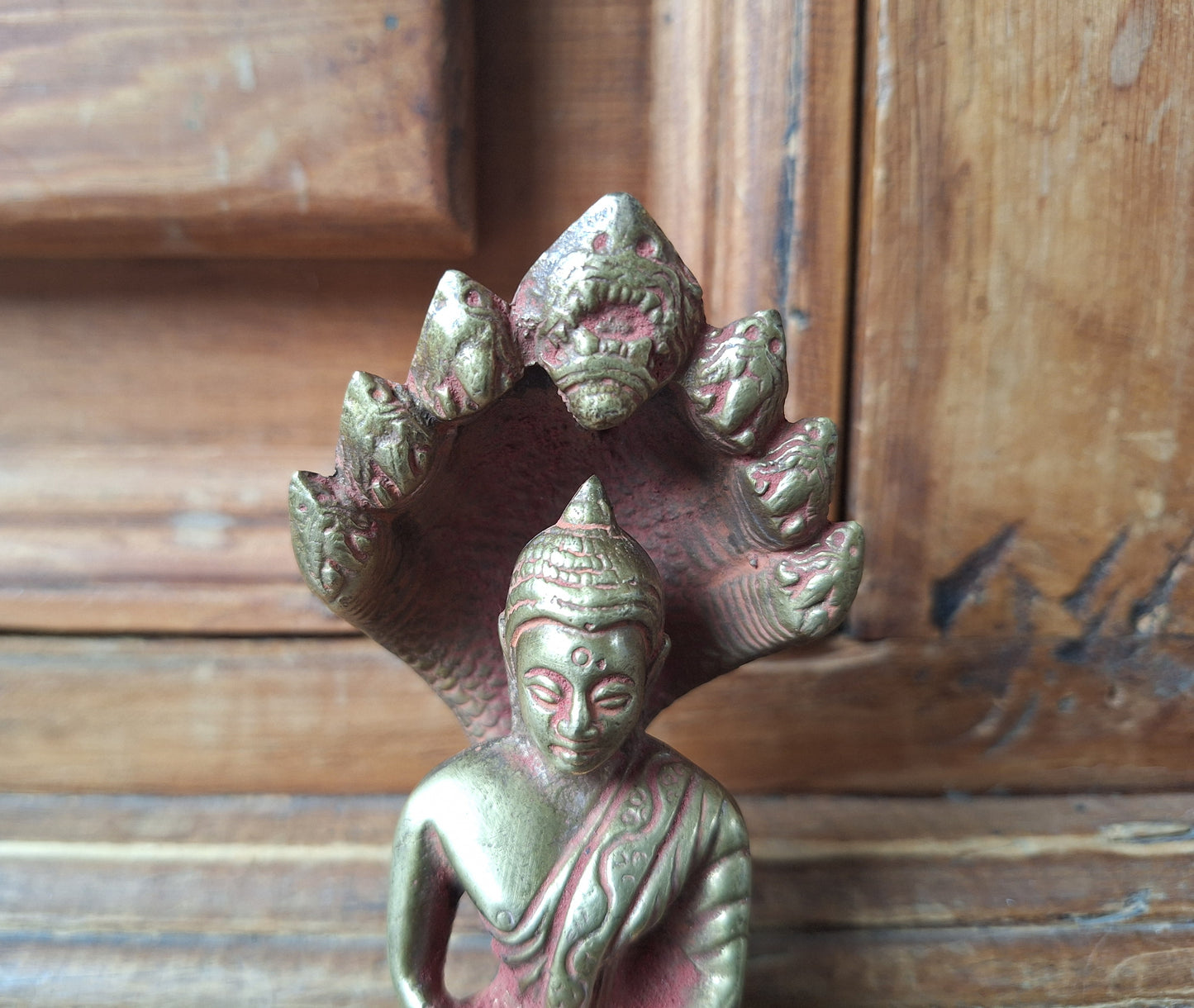 Vintage brass Shakyamuni Buddha with Mucalinda figurine