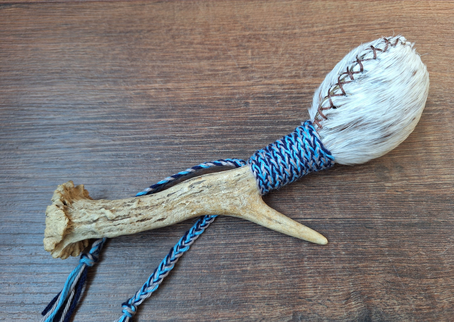 Horse hide and roe deer antler rattle
