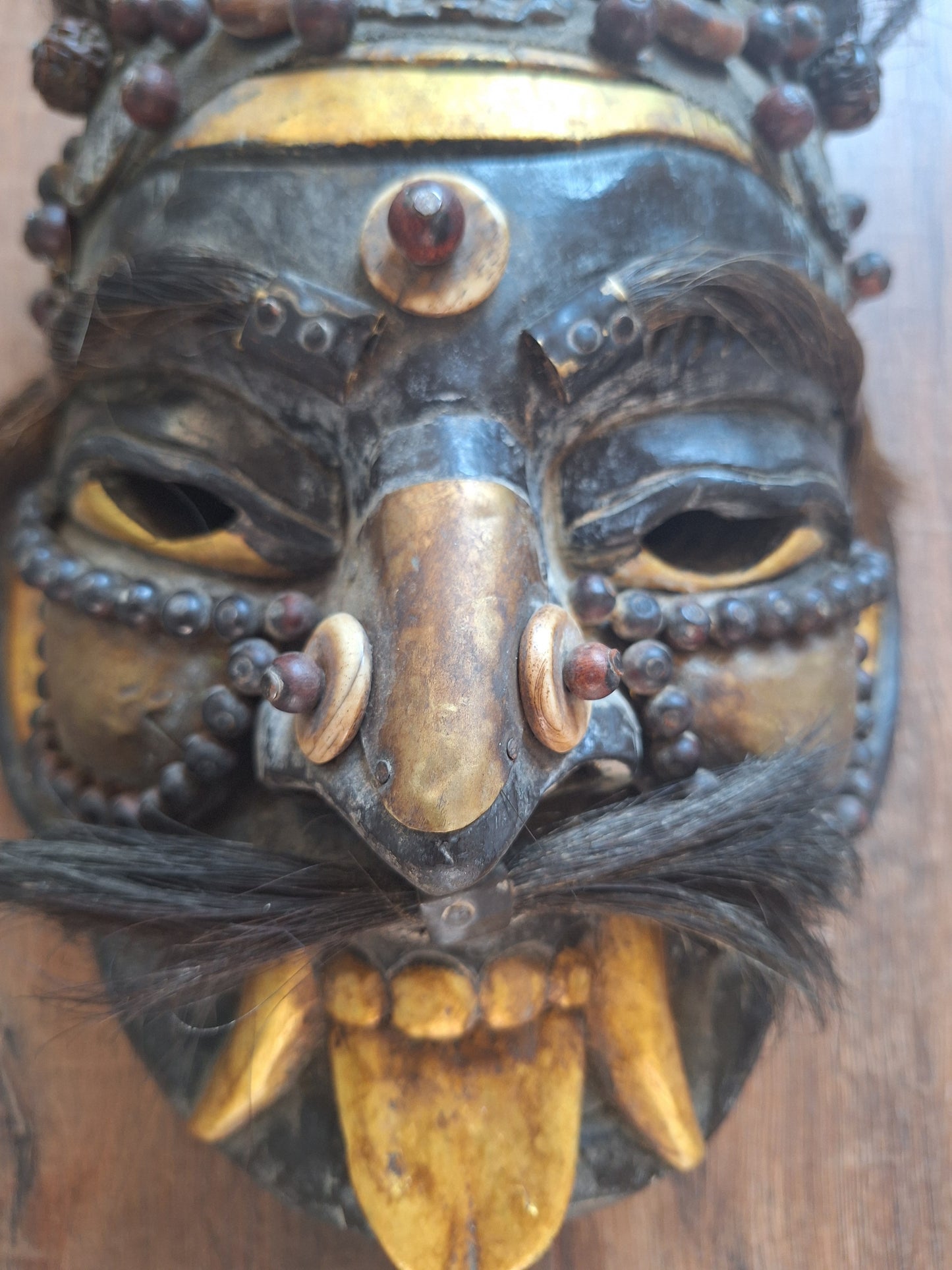 Vintage wooden wrathful spirit mask with beads, metal plating and yak hair #3