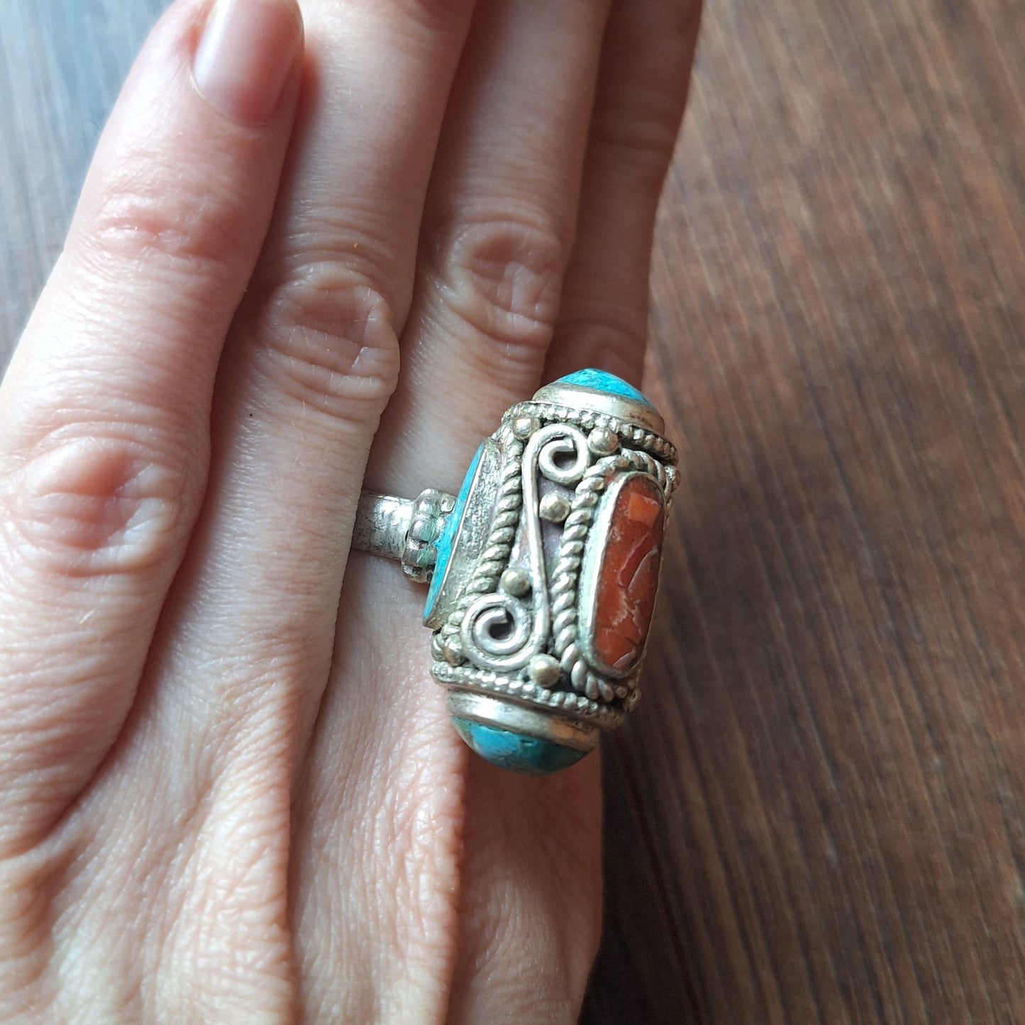 Vintage Tibetan silver and gemstone ring