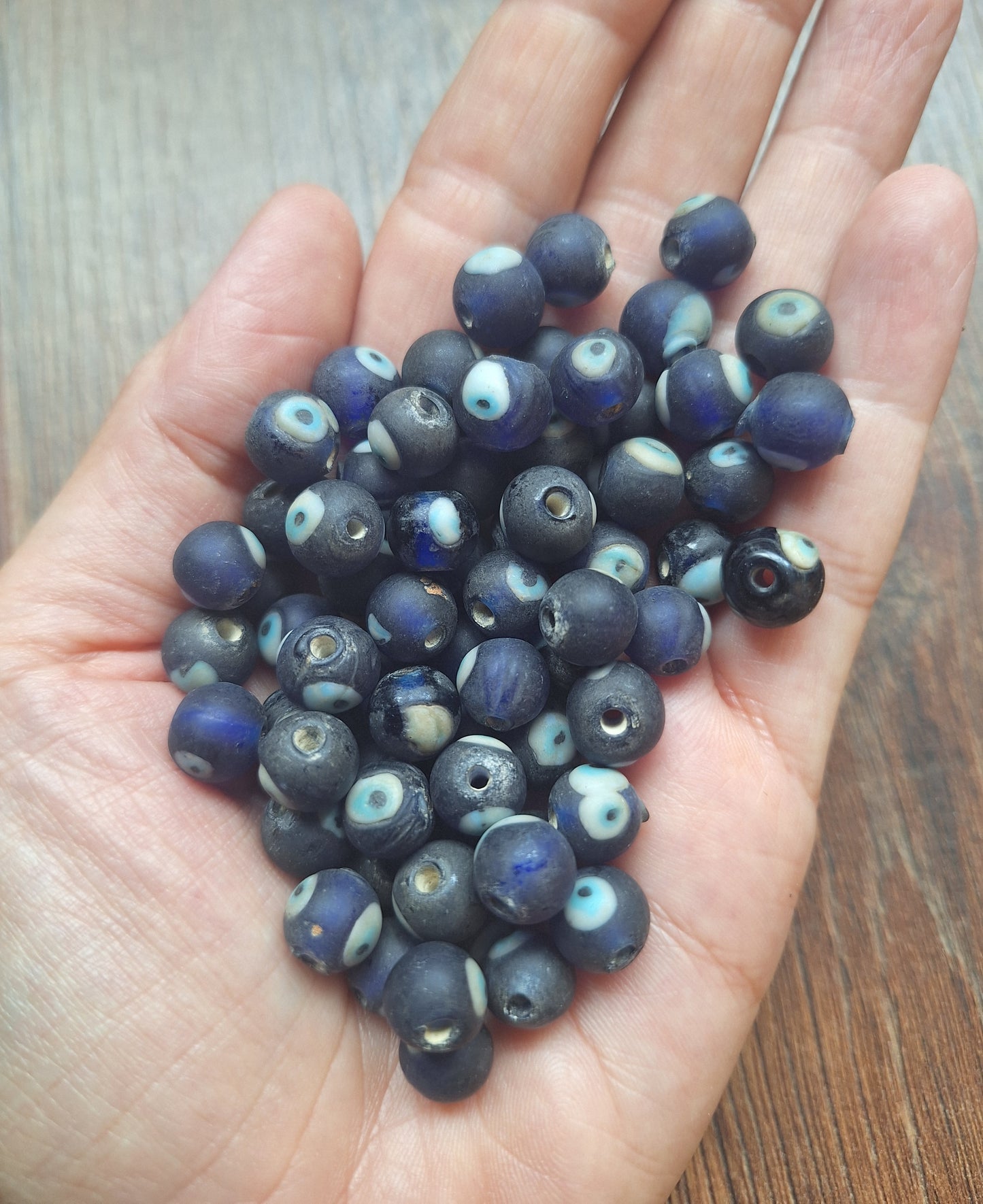 Vintage glass beads Eye, dark blue, set of 10