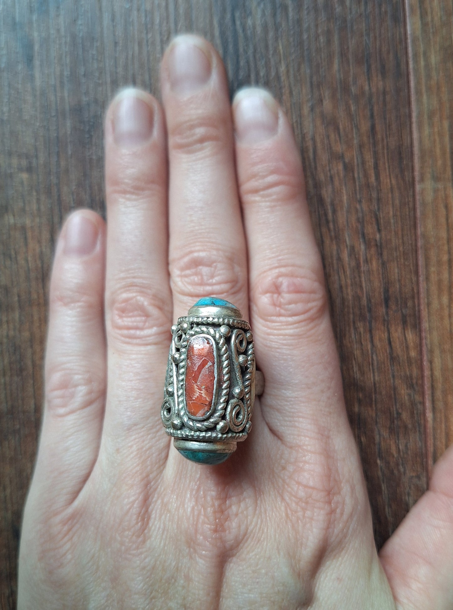 Vintage Tibetan silver and gemstone ring