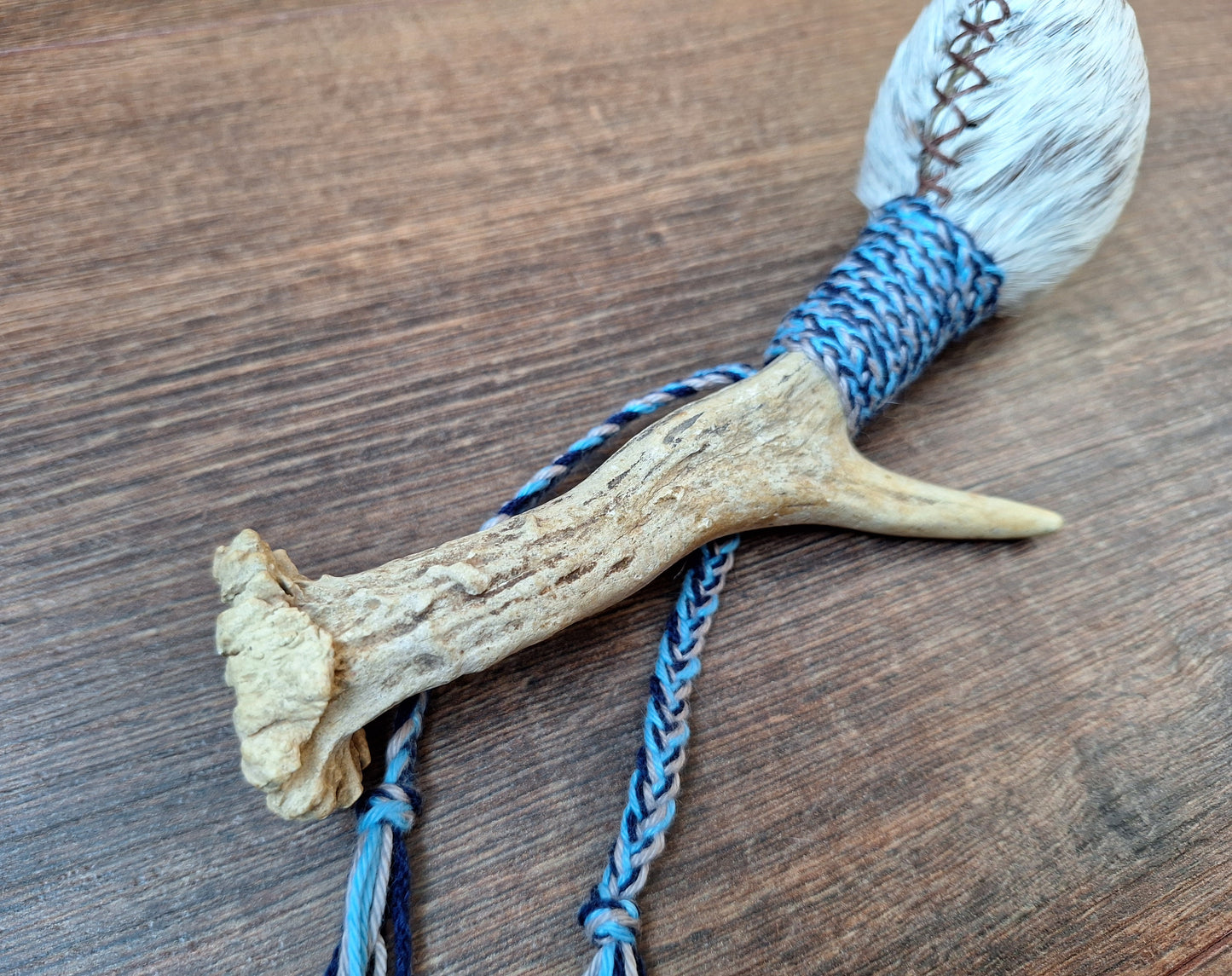 Horse hide and roe deer antler rattle