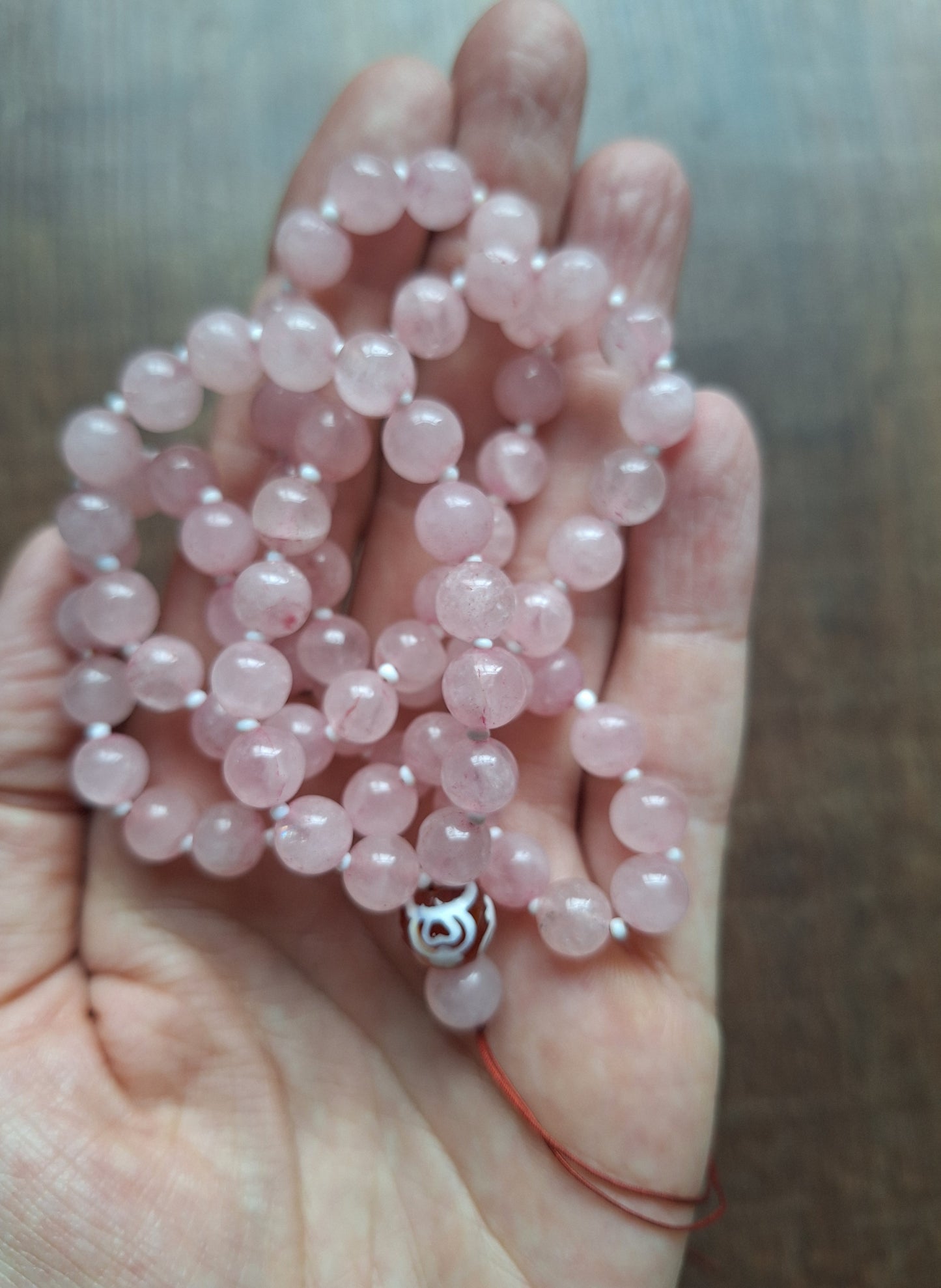 Amulet cord Rose Quartz and Nectar Vessel dzi bead