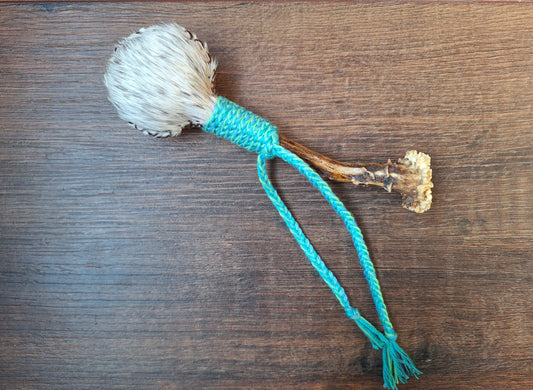 Horse hide and roe deer antler rattle