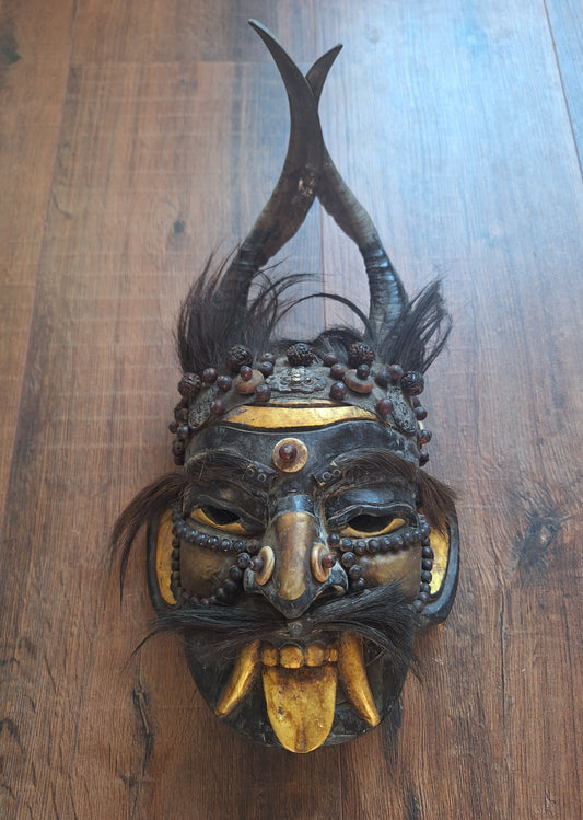 Vintage wooden wrathful spirit mask with beads, metal plating and yak hair #3