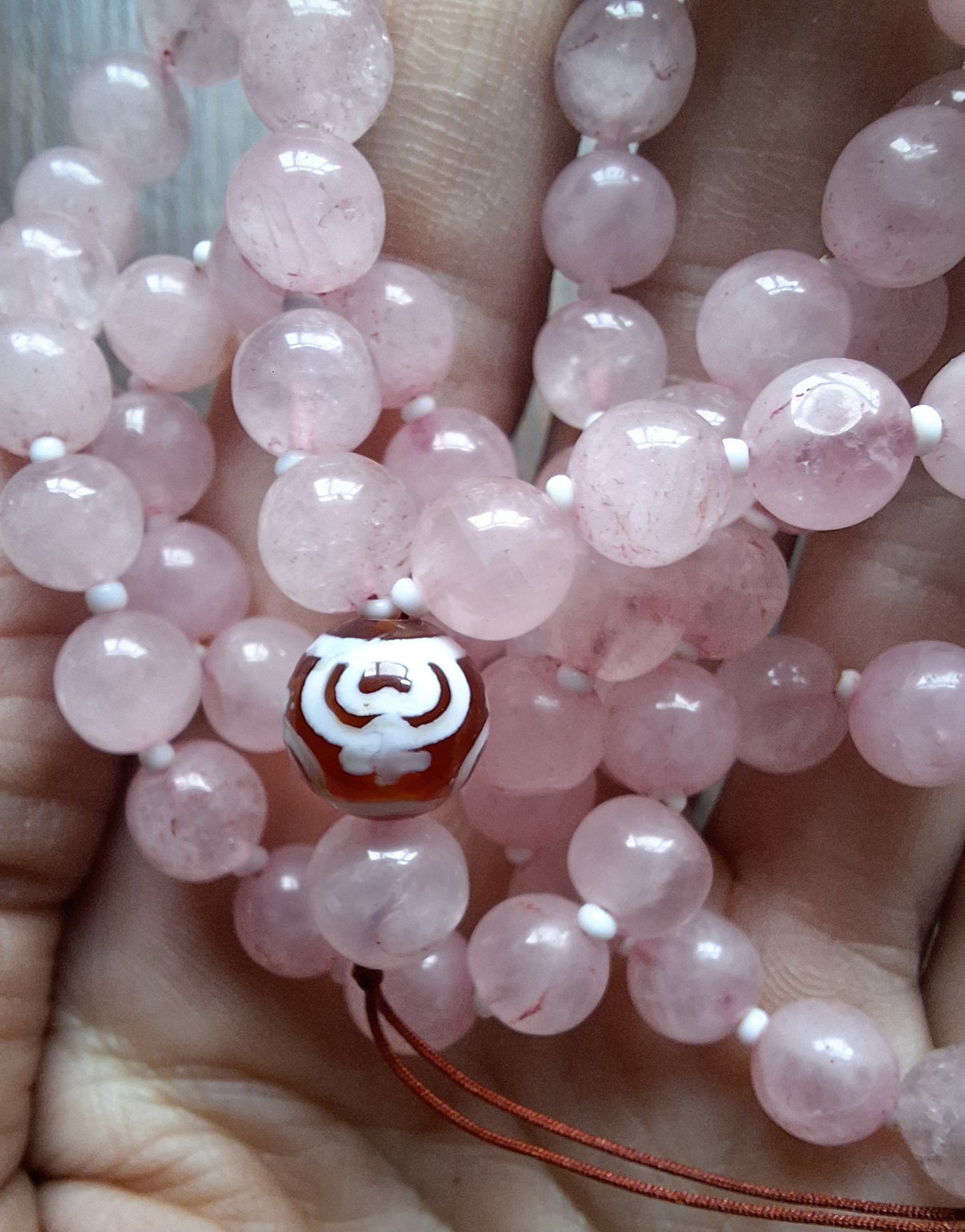 Amulet cord Rose Quartz and Nectar Vessel dzi bead