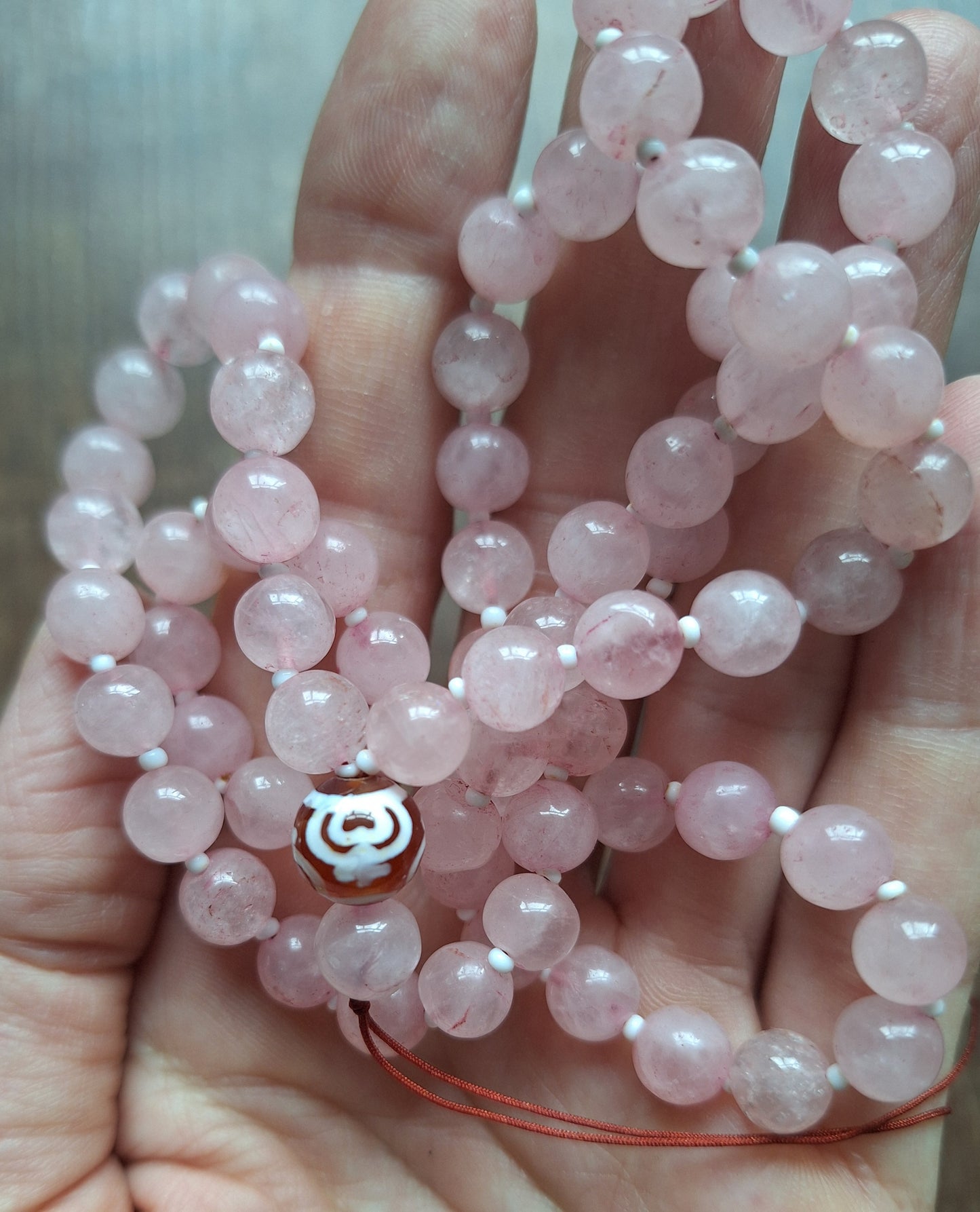 Amulet cord Rose Quartz and Nectar Vessel dzi bead
