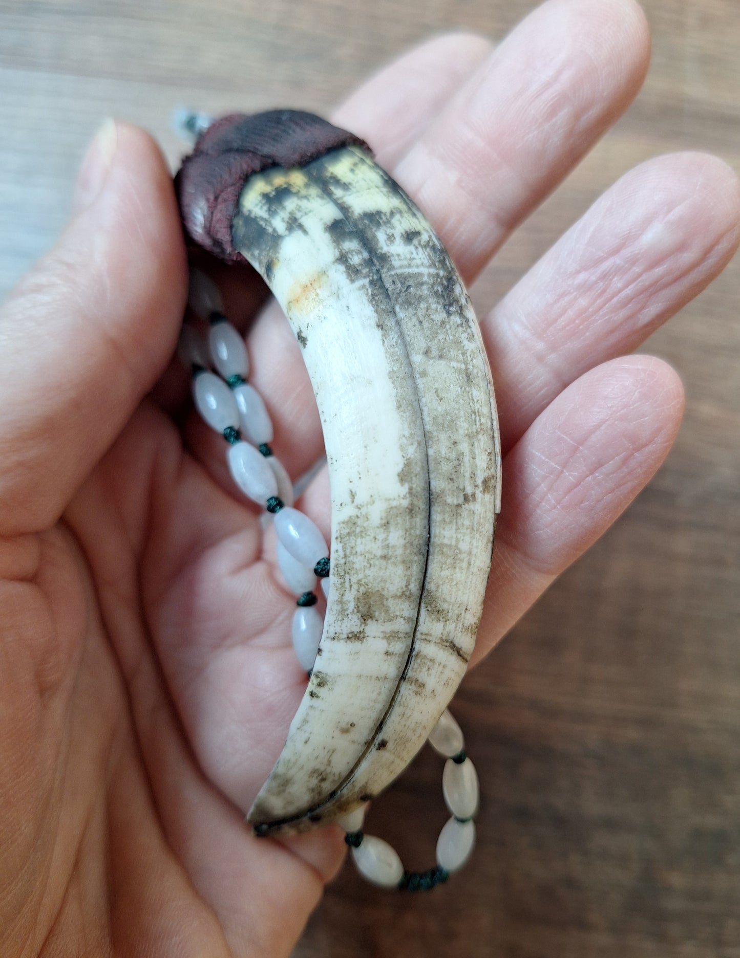 Vintage Nepalese snow quartz necklace with wild boar tooth pendant