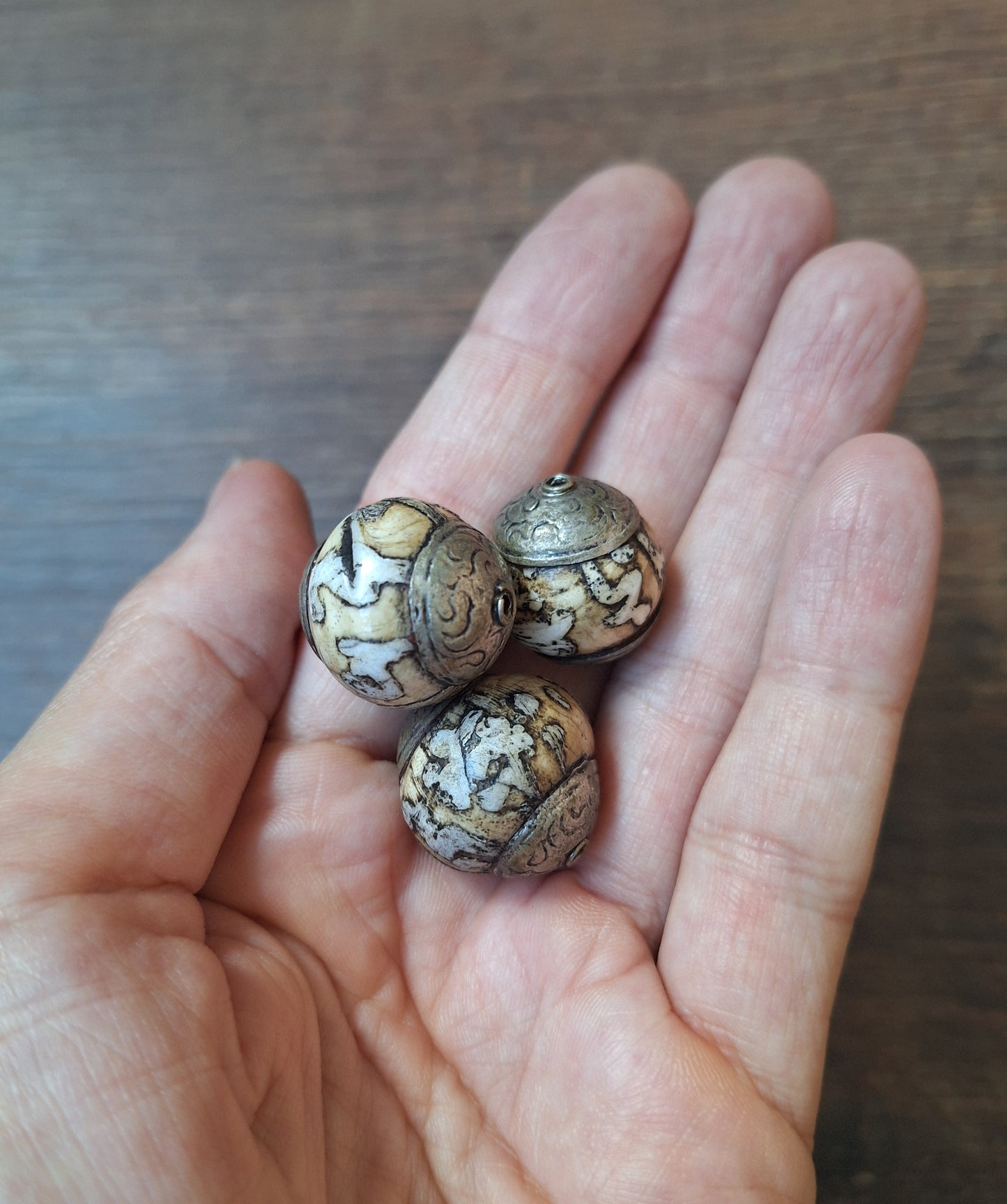 Vintage Tibetan conch shell mantra beads, set of 3