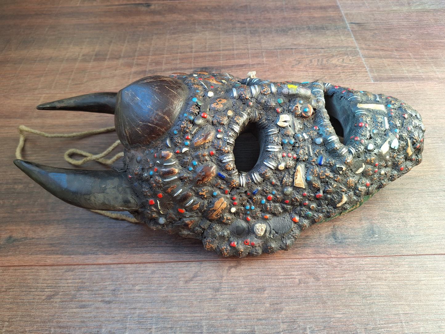 Vintage Nepalese wrathful spirit mask with seeds, shells and horns #2