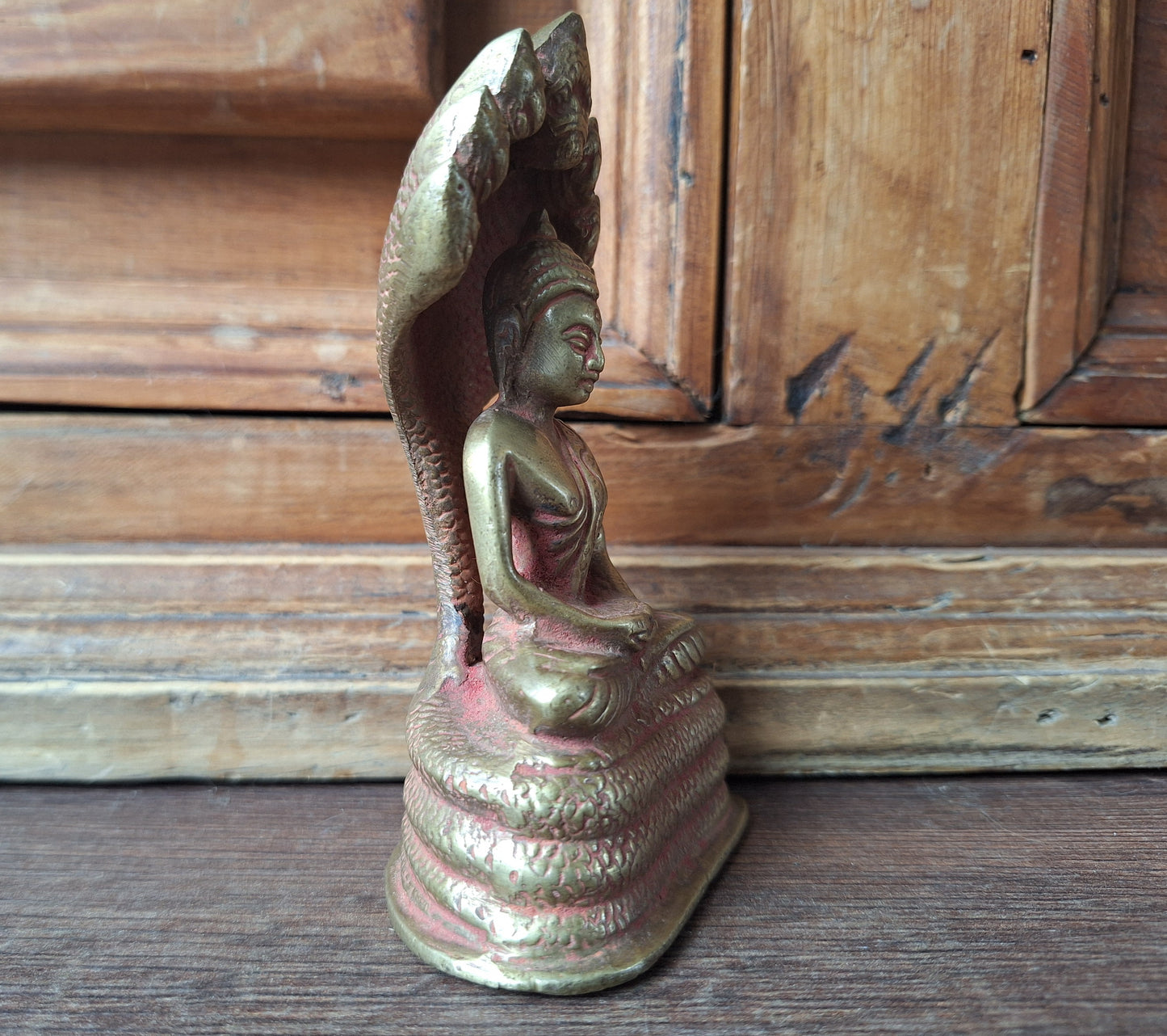 Vintage brass Shakyamuni Buddha with Mucalinda figurine