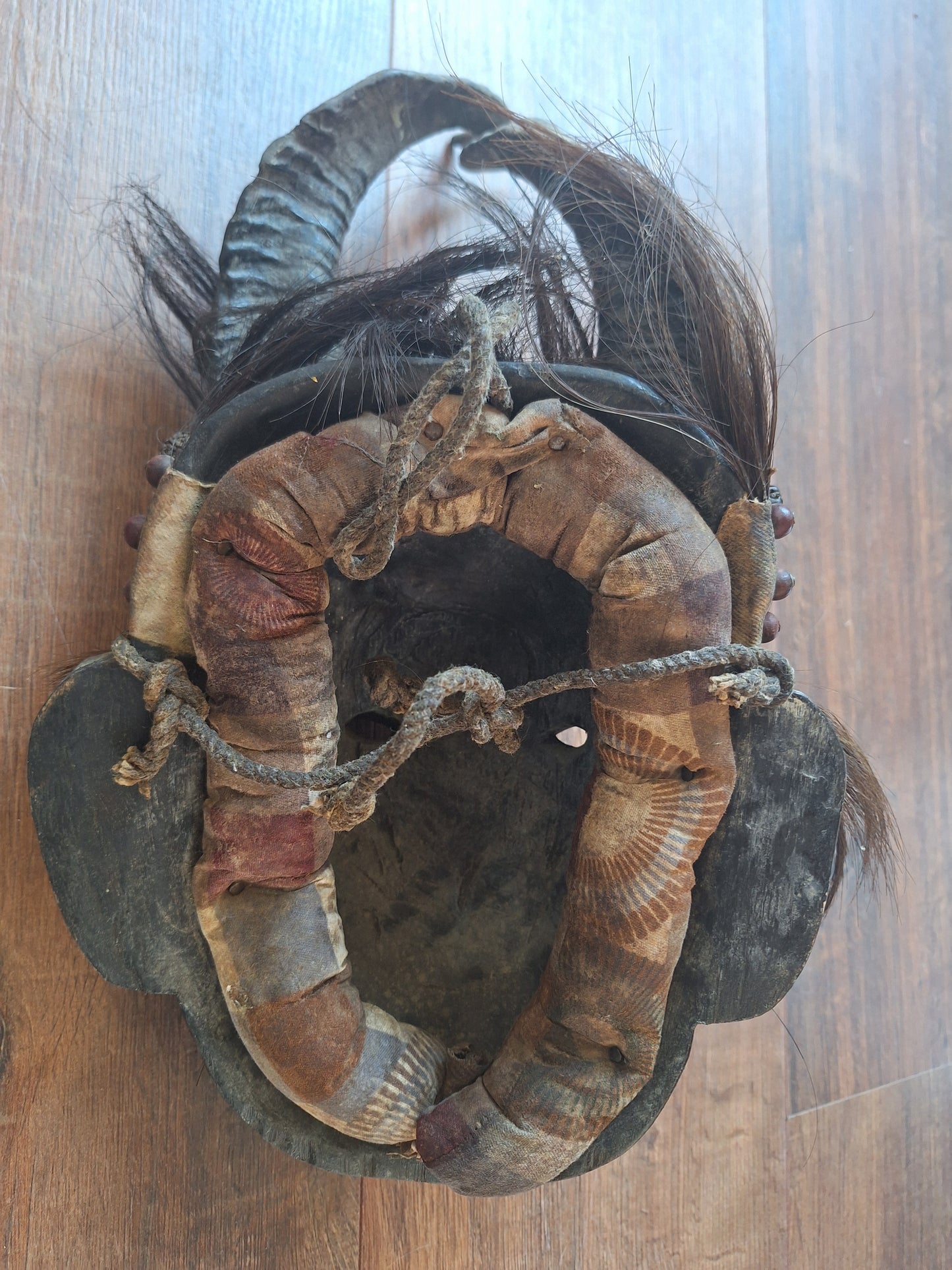 Vintage wooden wrathful spirit mask with beads, metal plating and yak hair #3