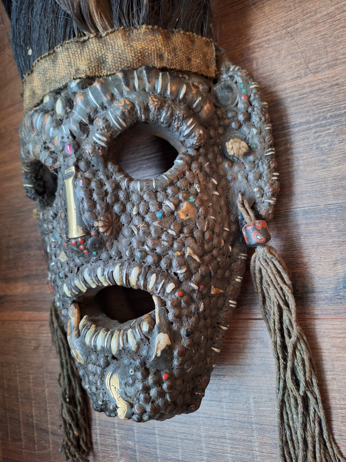 Vintage Nepalese wrathful spirit mask with seeds, shells and horns #3