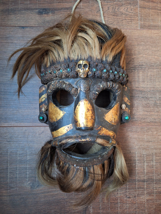 Vintage wooden wrathful spirit mask with metal plating, beads and yak hair