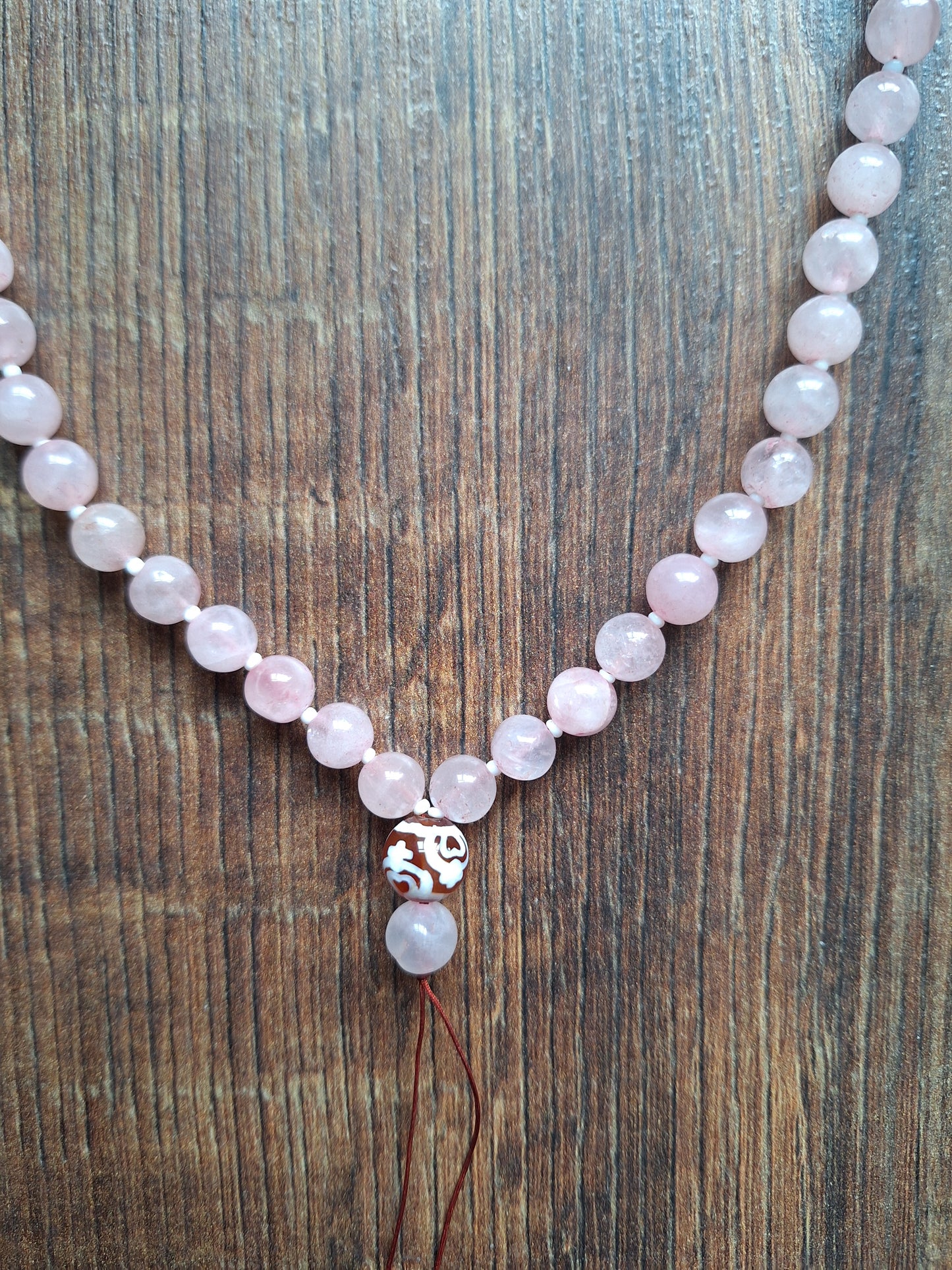 Amulet cord Rose Quartz and Nectar Vessel dzi bead