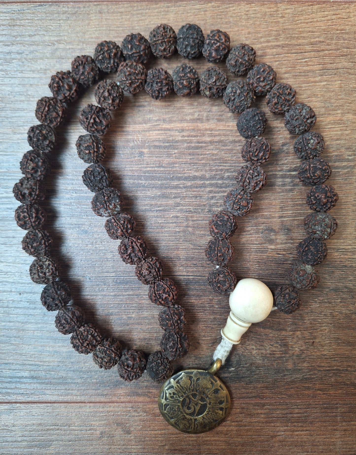 Vintage Nepalese rudraksha mala with melong Auspicious Symbols