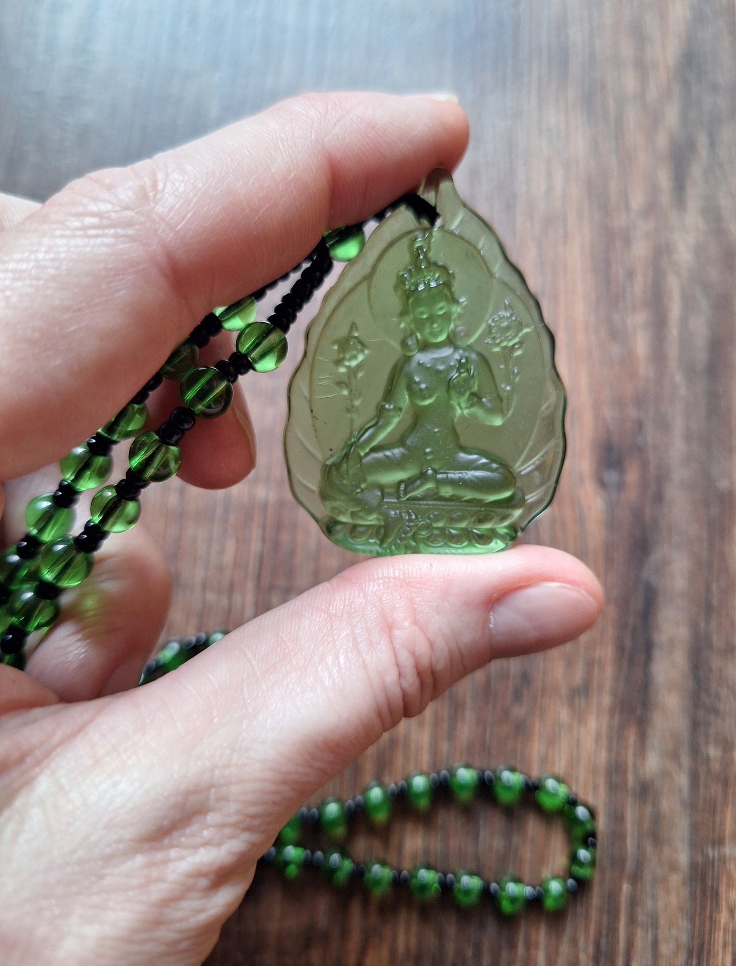 Green glass necklace with Green Tara pendant