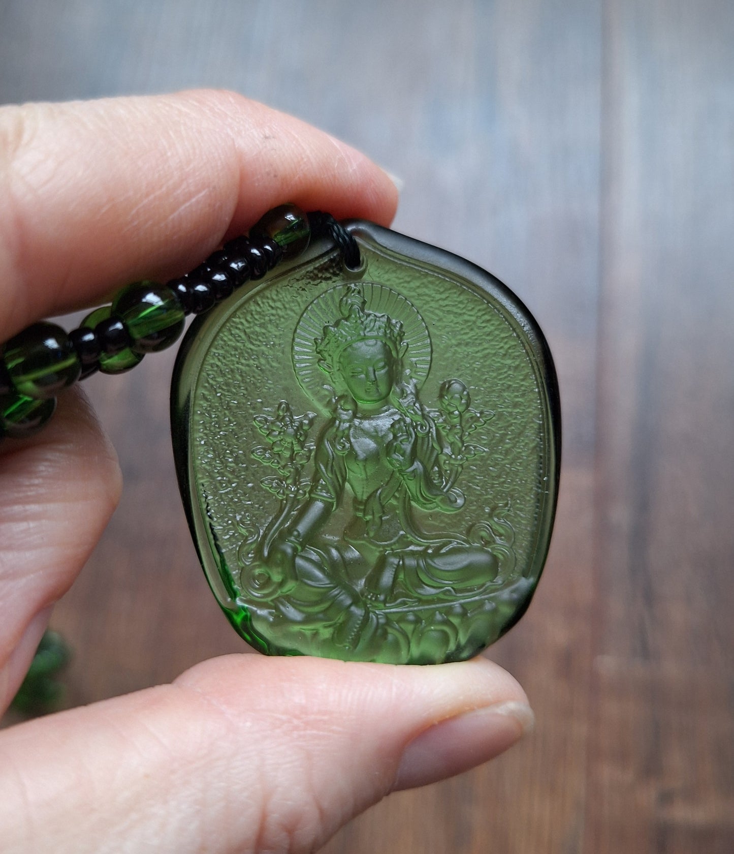 Green glass necklace with Green Tara pendant