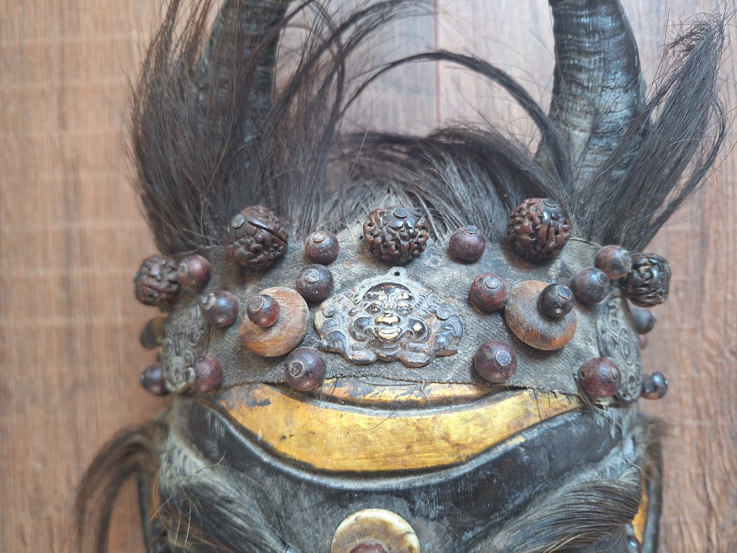 Vintage wooden wrathful spirit mask with beads, metal plating and yak hair #3