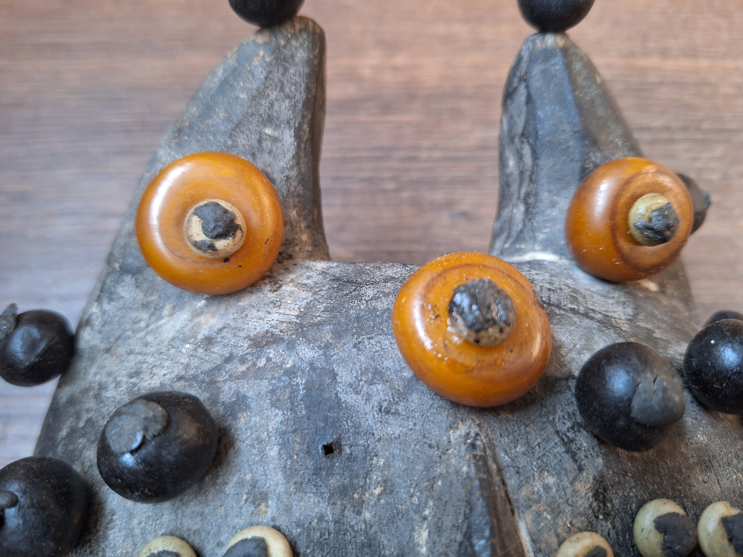 Old Nepalese wooden mask with rita, copal and shell beads