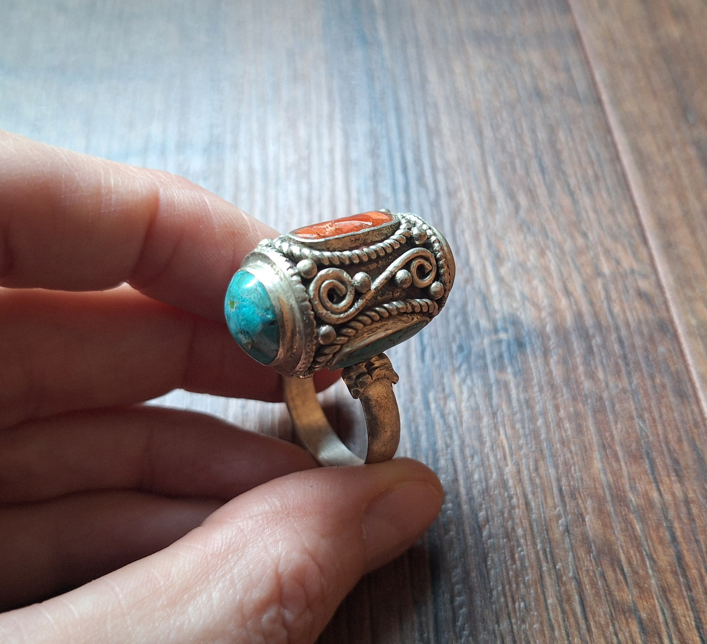 Vintage Tibetan silver and gemstone ring