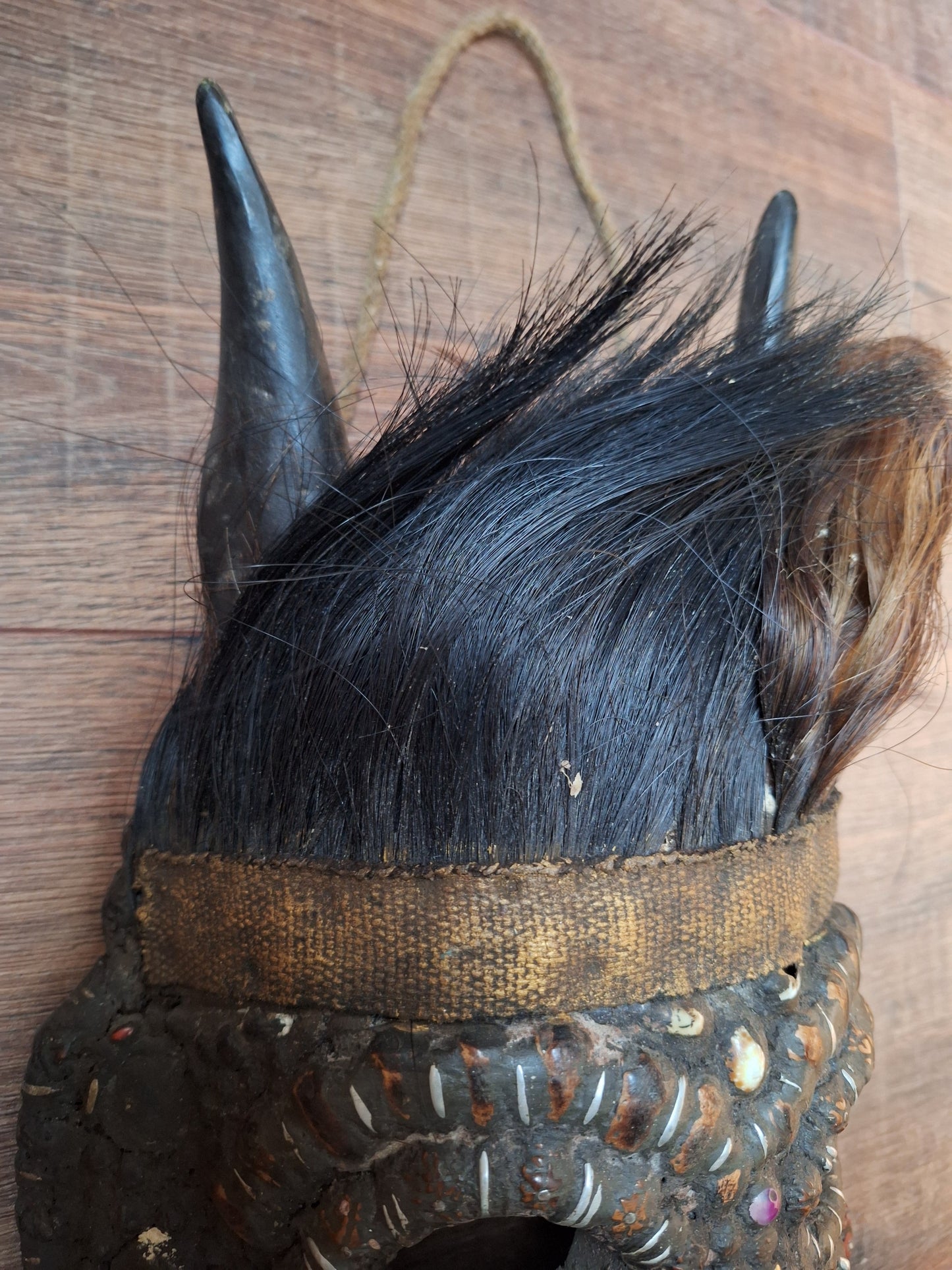 Vintage Nepalese wrathful spirit mask with seeds, shells and horns #3