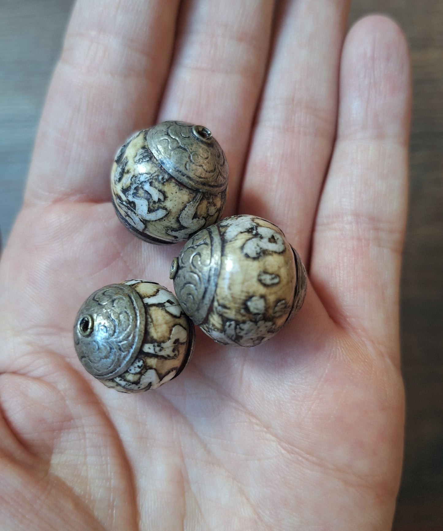 Vintage Tibetan conch shell mantra beads, set of 3